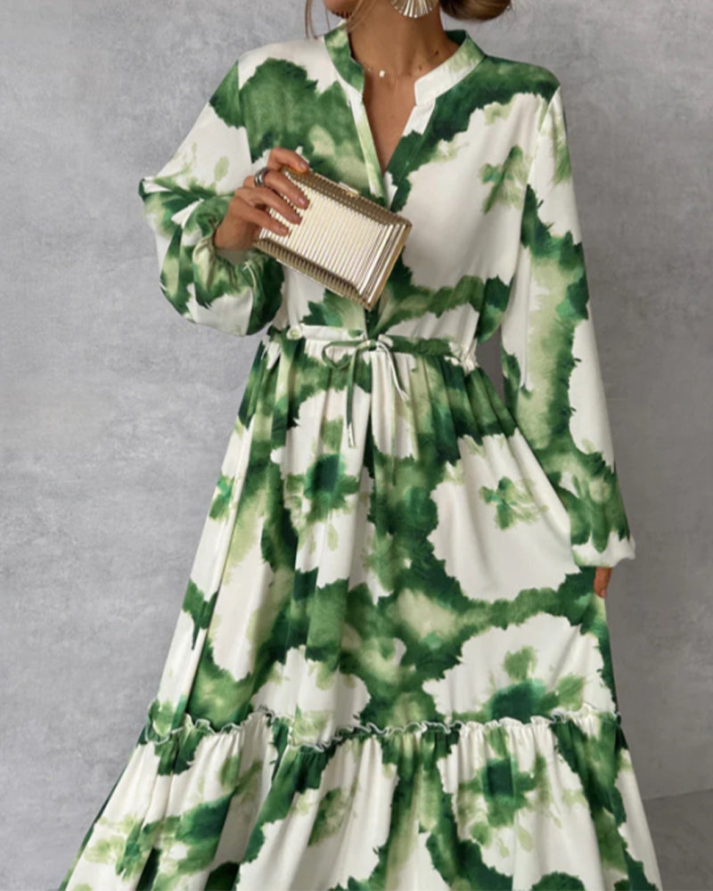 Myla | Elegant Batik Patchwork Dress with Drawstring and Balloon Sleeves