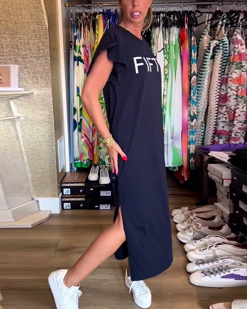 Myla | Casual Dress with Letter Print, Ruffle Sleeves and Slit