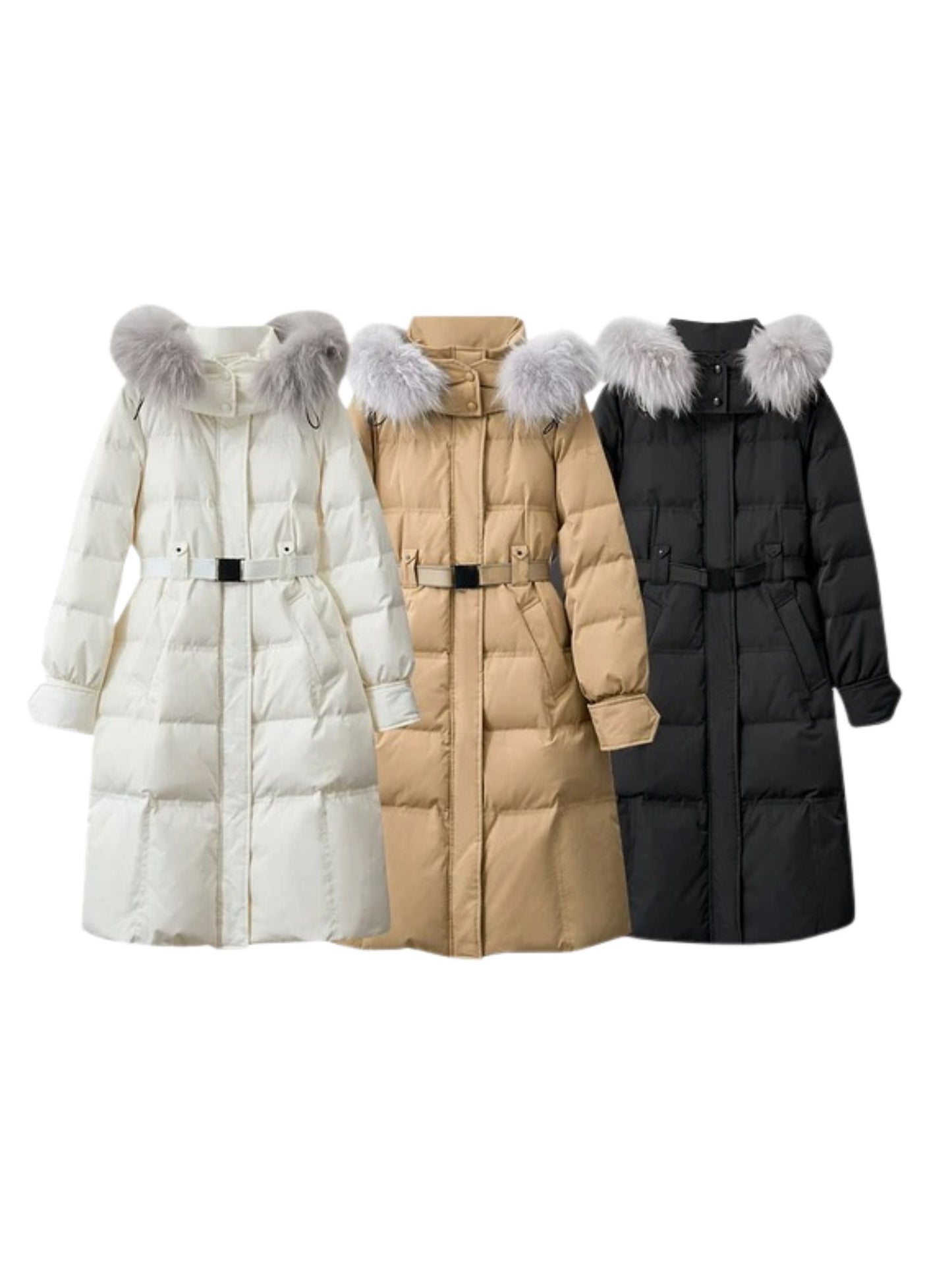 A small grouped image showing the coat in all three colors — black, white, and beige — displayed side by side on mannequins or hangers