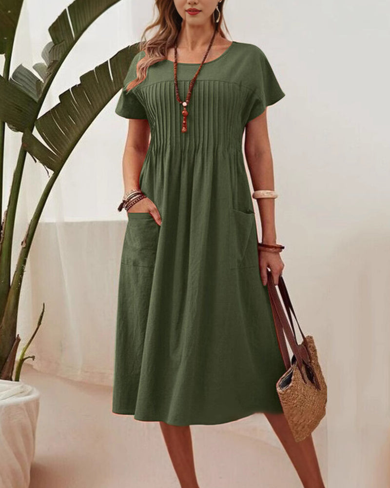 Myla | Dress Pleated Short-Sleeved Cotton and Linen