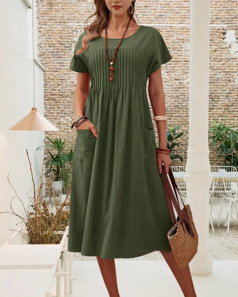 Myla | Dress Pleated Short-Sleeved Cotton and Linen
