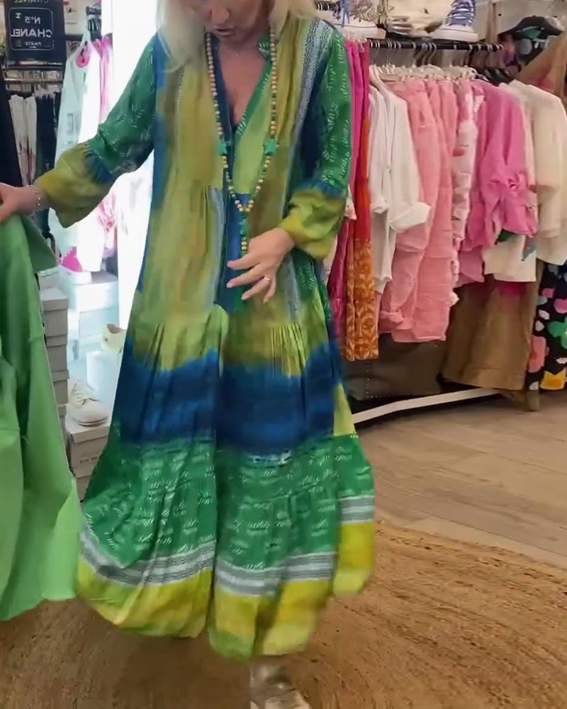 Myla | Printed, Casual, Long Dress with Flared Sleeves and V-Neck