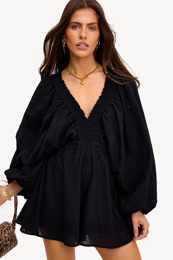 Myla | Embroidered Short Overalls with Balloon Sleeves and Feminine Style for Women