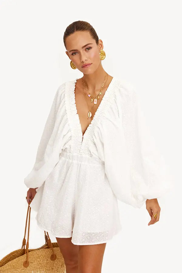 Myla | Embroidered Short Overalls with Balloon Sleeves and Feminine Style for Women