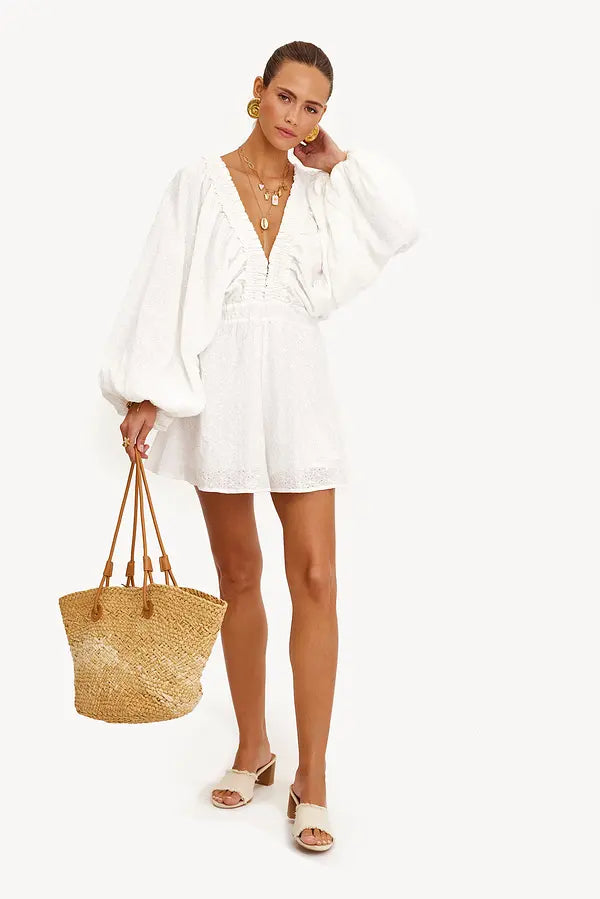 Myla | Embroidered Short Overalls with Balloon Sleeves and Feminine Style for Women