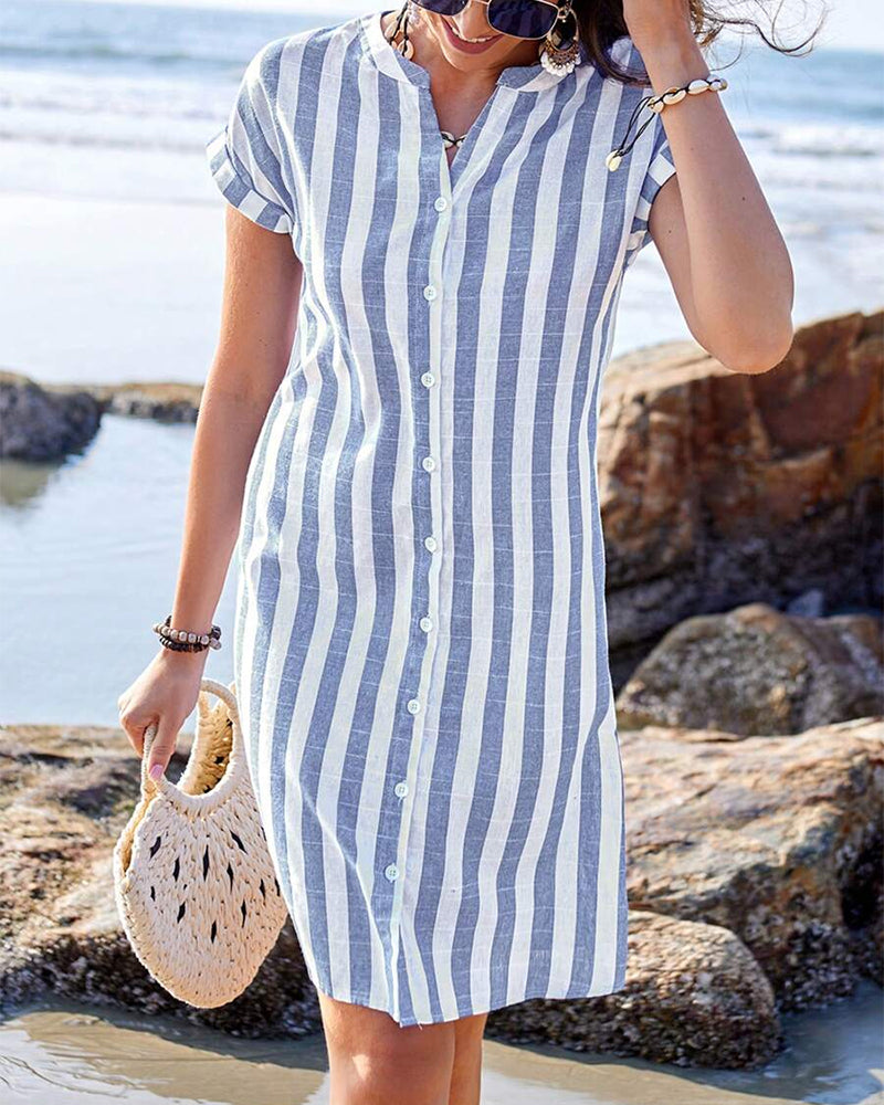 Myla | Striped Cotton and Linen Dress with Stand Collar and Short Sleeves