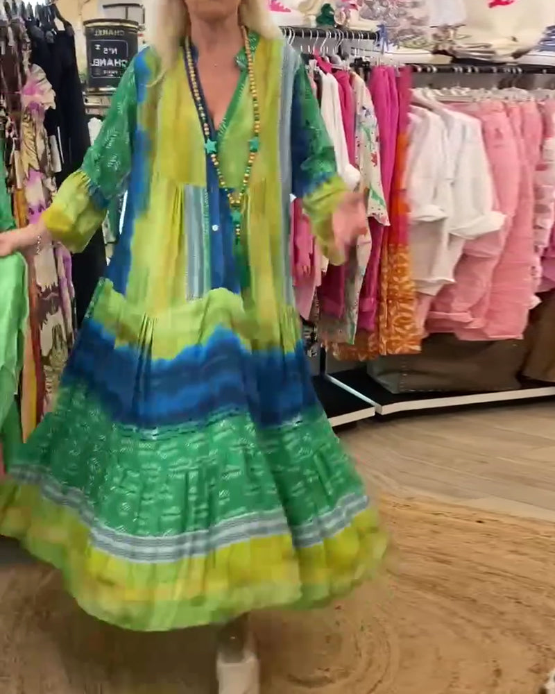 Myla | Printed, Casual, Long Dress with Flared Sleeves and V-Neck