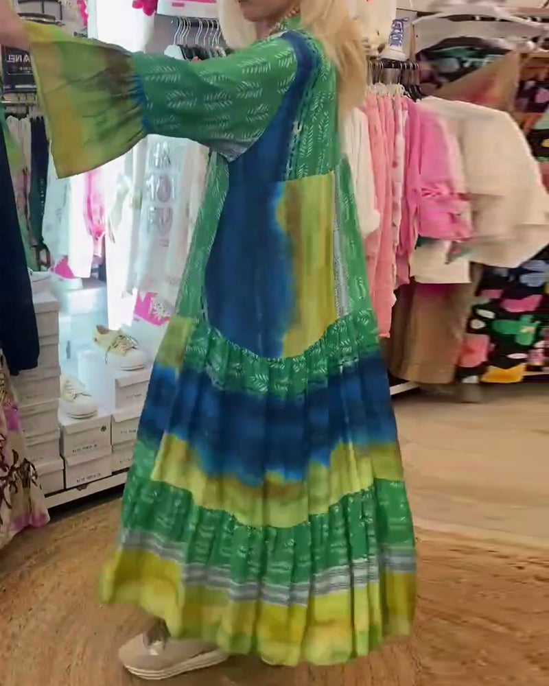 Myla | Printed, Casual, Long Dress with Flared Sleeves and V-Neck