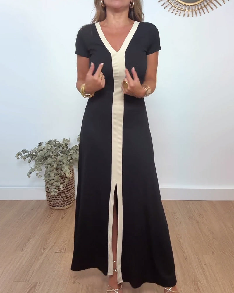 Myla | Elegant Dress with V-Neck and Slit In Contrast Print