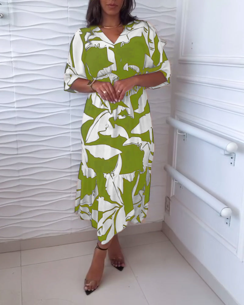 Myla | Elegant Dress with V-Neck and Three-Quarter Sleeves with Drawstring