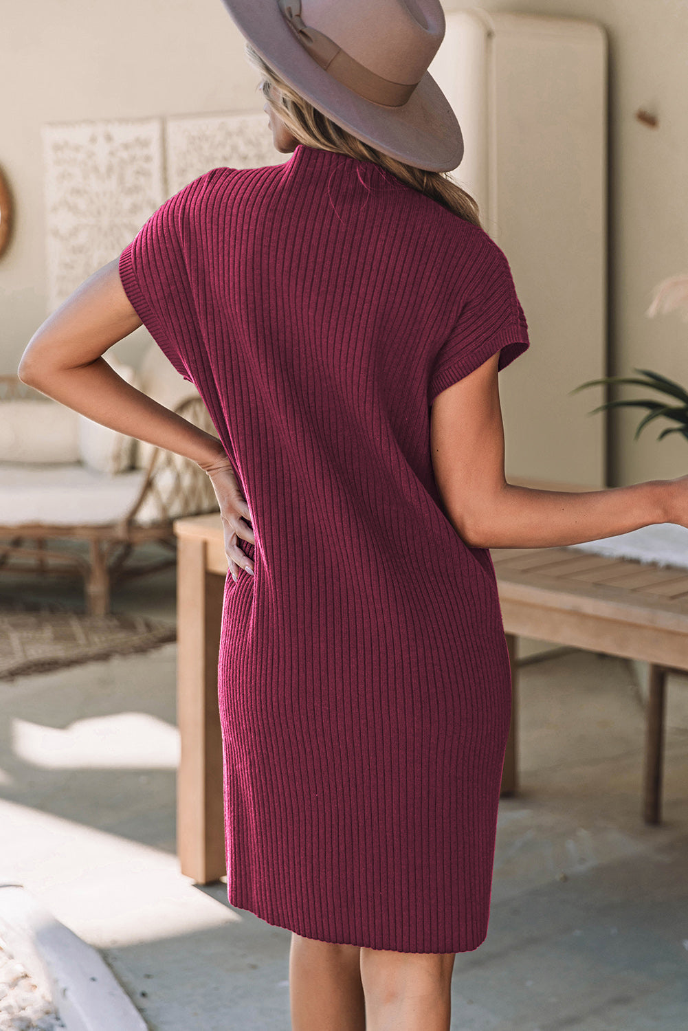 Myla | Red Knitted Dress with Short Sleeves and Patch Pocket for Women