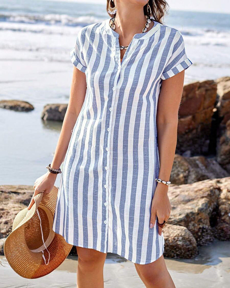 Myla | Striped Cotton and Linen Dress with Stand Collar and Short Sleeves
