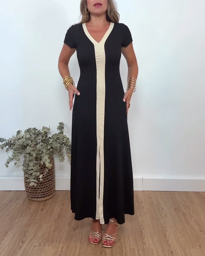 Myla | Elegant Dress with V-Neck and Slit In Contrast Print