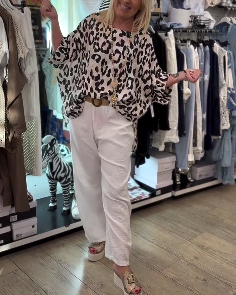Myla | Blouse with Round Neck Leopard Pattern Loose