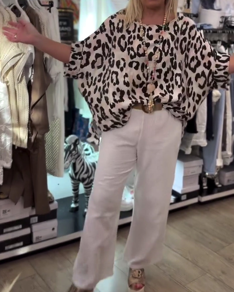 Myla | Blouse with Round Neck Leopard Pattern Loose