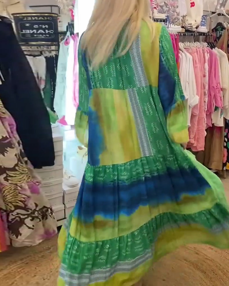 Myla | Printed, Casual, Long Dress with Flared Sleeves and V-Neck