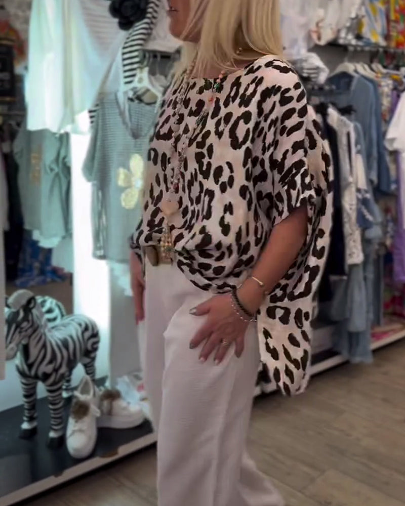 Myla | Blouse with Round Neck Leopard Pattern Loose