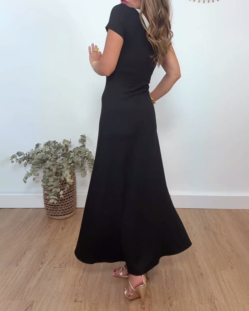 Myla | Elegant Dress with V-Neck and Slit In Contrast Print