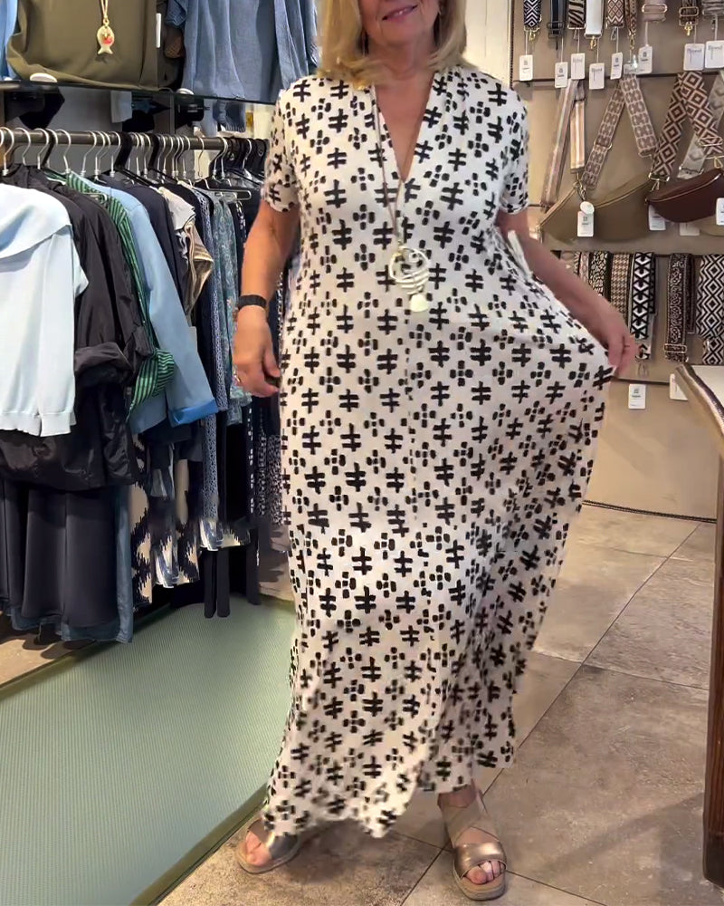Myla | Casual Printed Long Dress with V-Neck and Short Sleeves