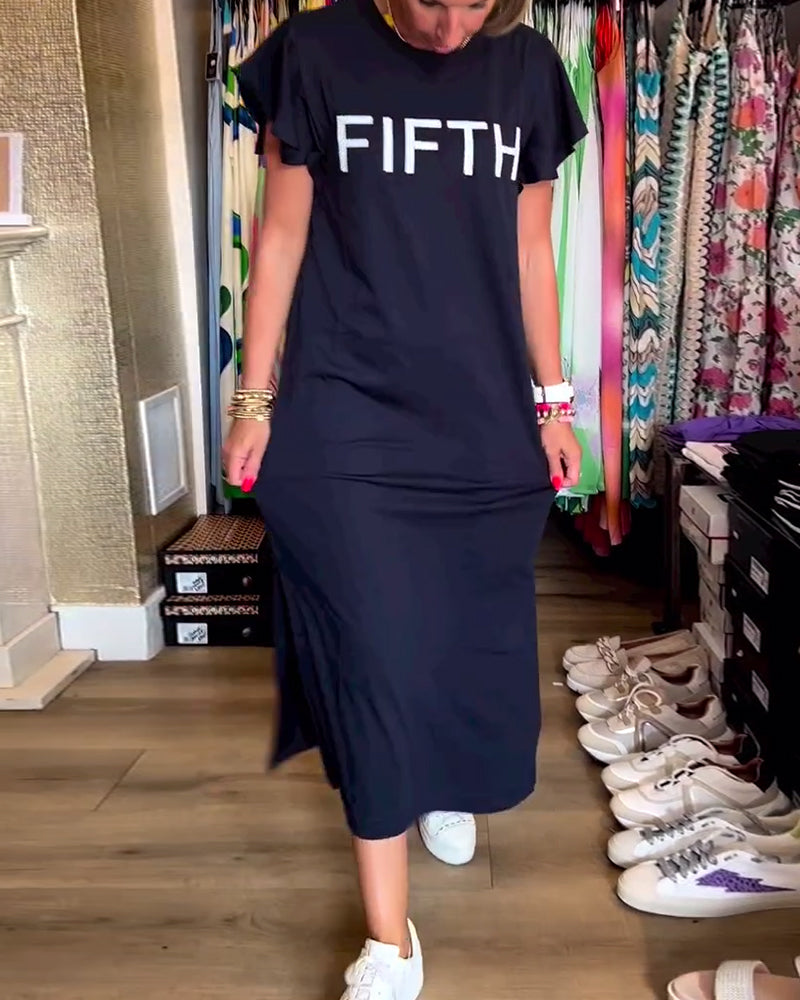 Myla | Casual Dress with Letter Print, Ruffle Sleeves and Slit