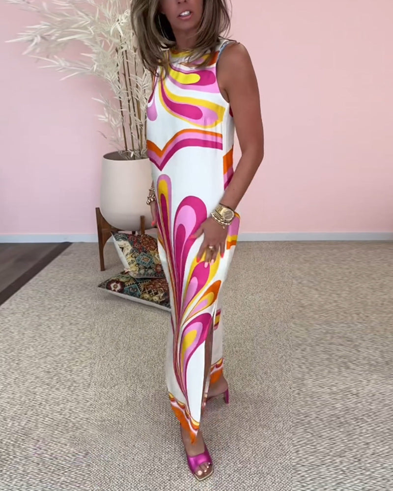 Myla | Sleeveless, Printed Dress with Slit At The Back and Cutouts