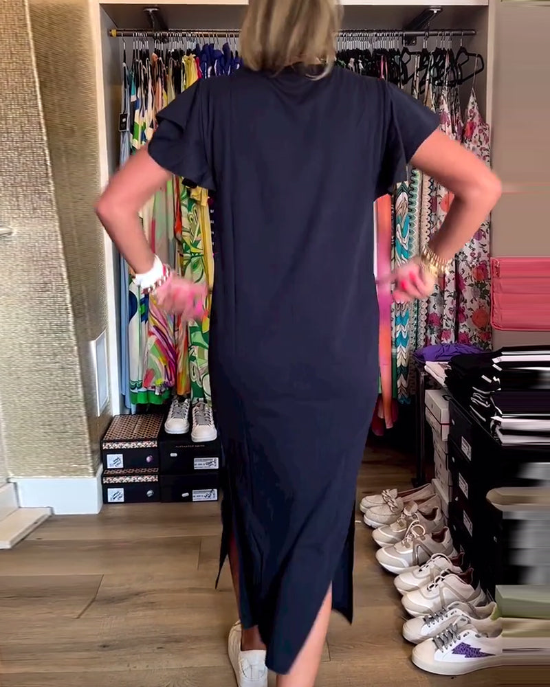 Myla | Casual Dress with Letter Print, Ruffle Sleeves and Slit