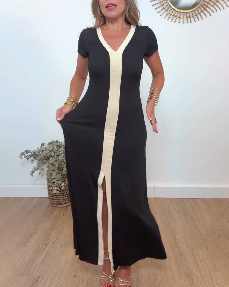 Myla | Elegant Dress with V-Neck and Slit In Contrast Print