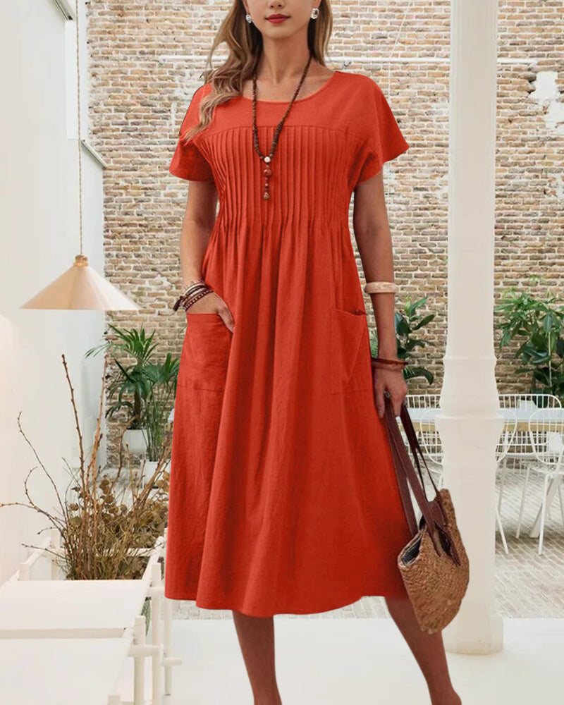 Myla | Dress Pleated Short-Sleeved Cotton and Linen