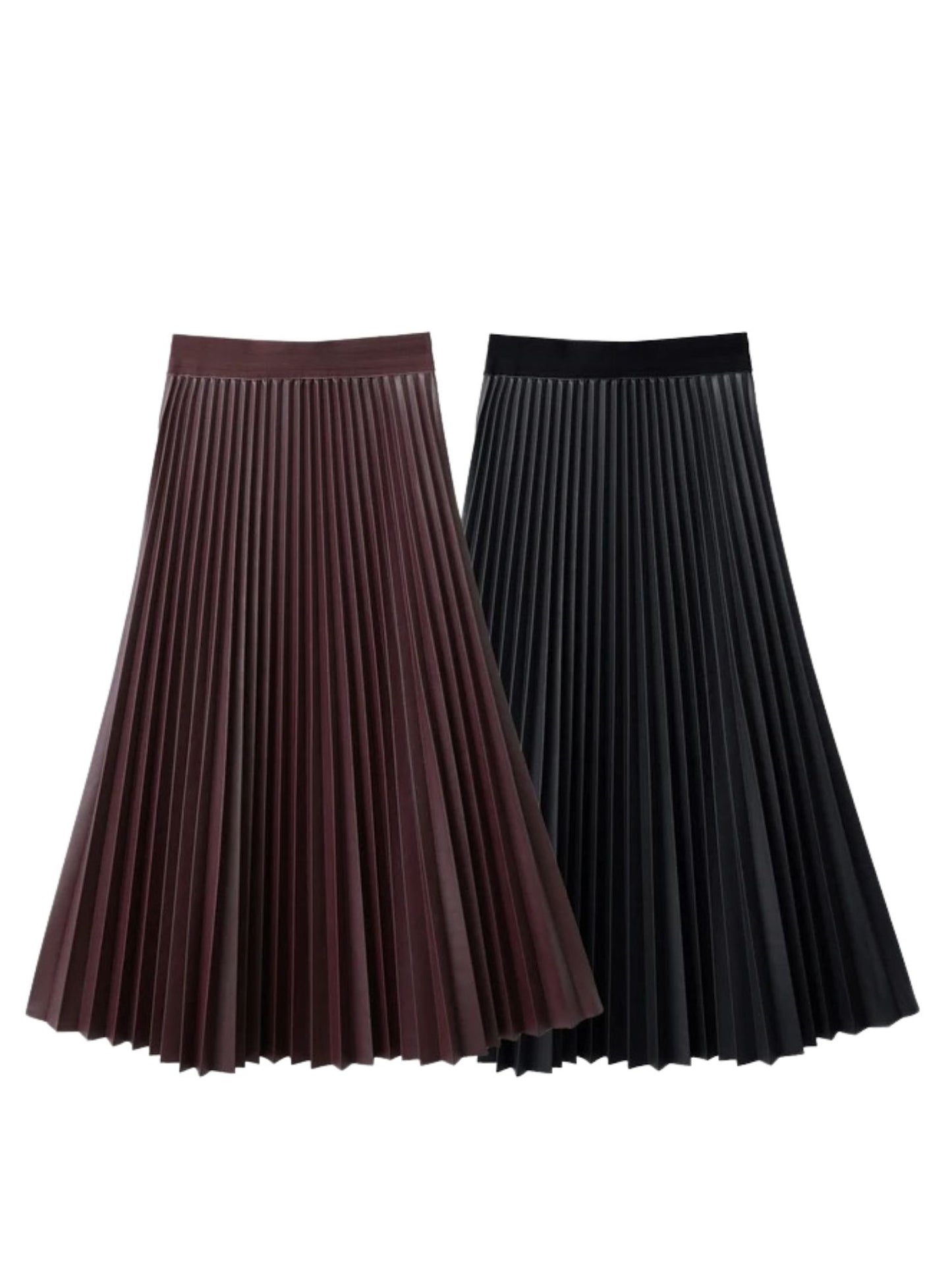Flat lay of black and burgundy faux leather pleated midi skirts with high waist and A-line silhouette