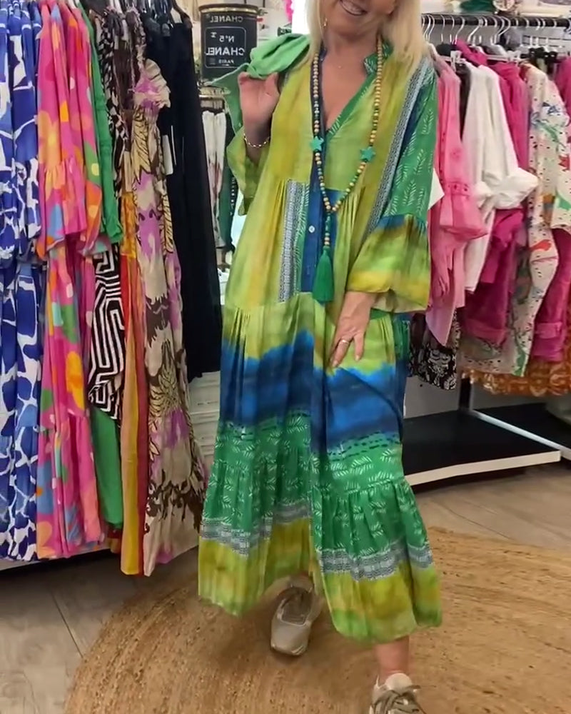 Myla | Printed, Casual, Long Dress with Flared Sleeves and V-Neck