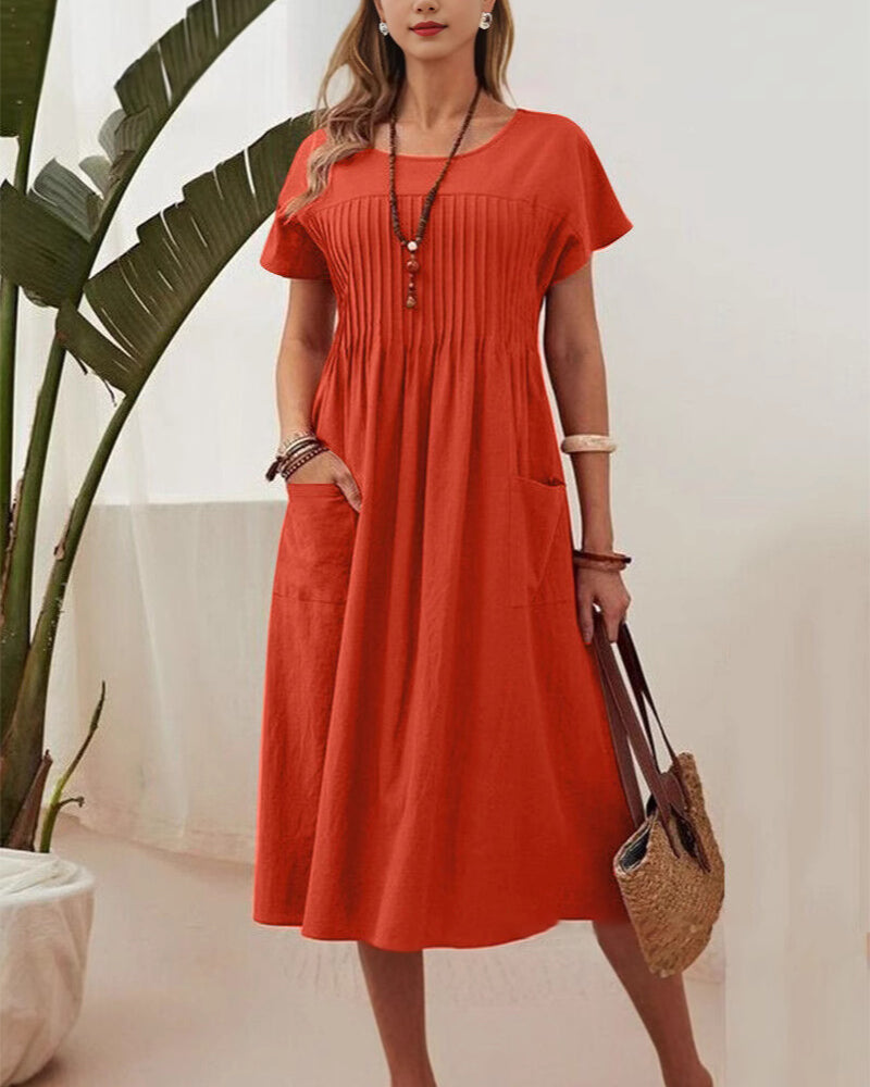Myla | Dress Pleated Short-Sleeved Cotton and Linen