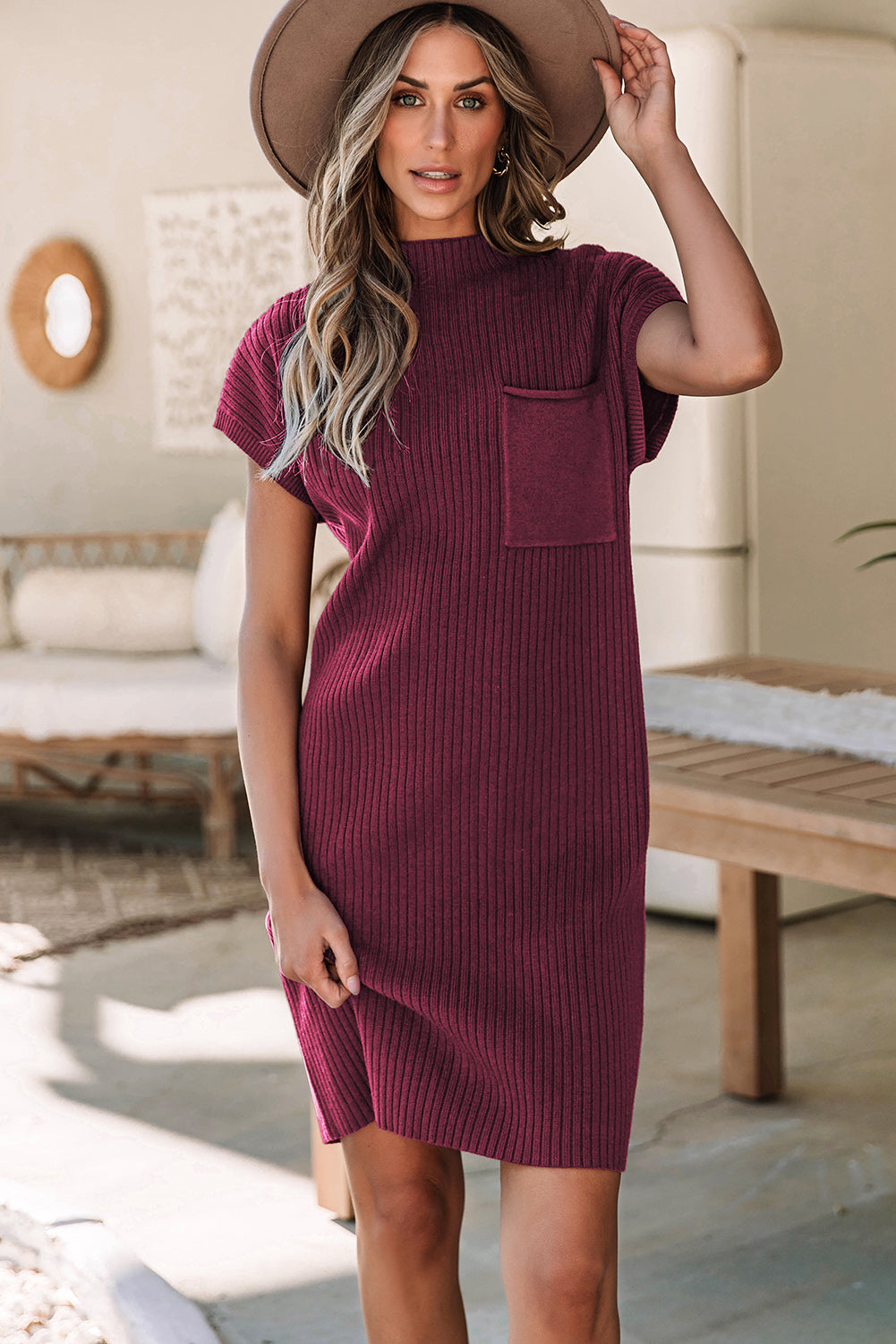 Myla | Red Knitted Dress with Short Sleeves and Patch Pocket for Women