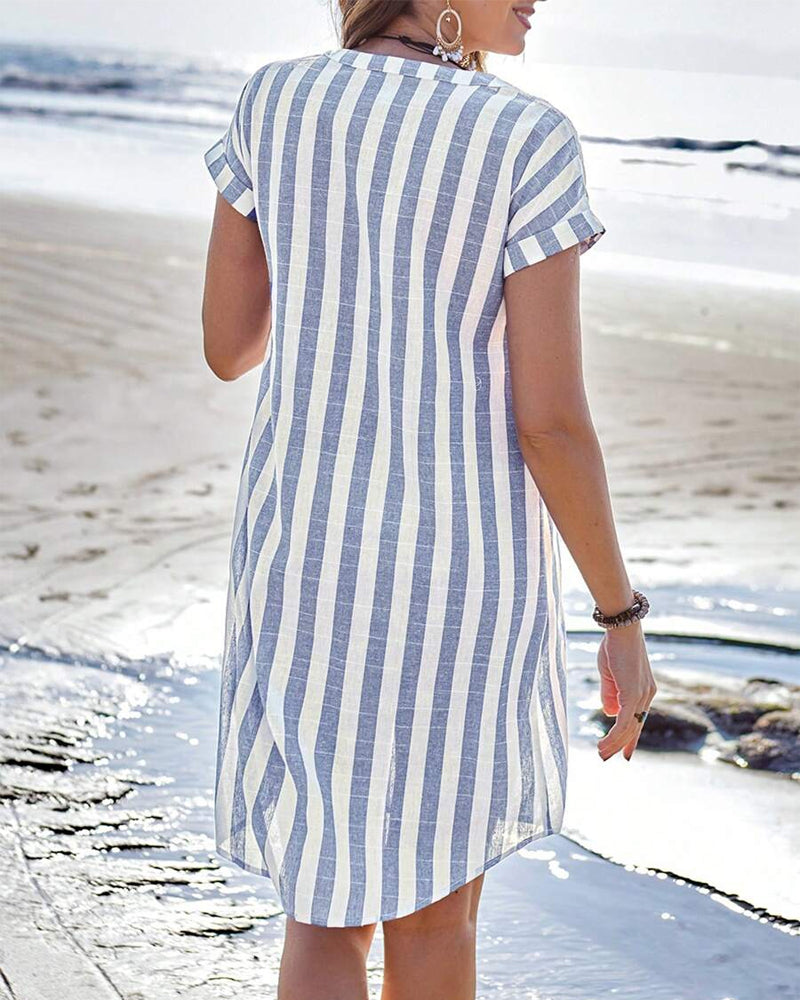 Myla | Striped Cotton and Linen Dress with Stand Collar and Short Sleeves