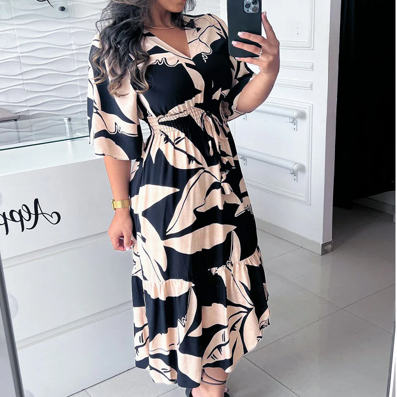 Myla | Elegant Dress with V-Neck and Three-Quarter Sleeves with Drawstring
