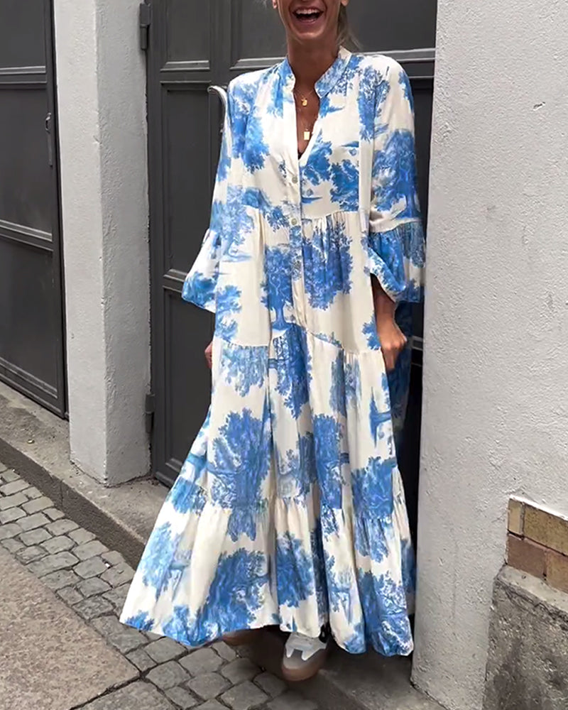 Myla | Loose Printed Patchwork Dress with V-Neck and Bell Sleeves