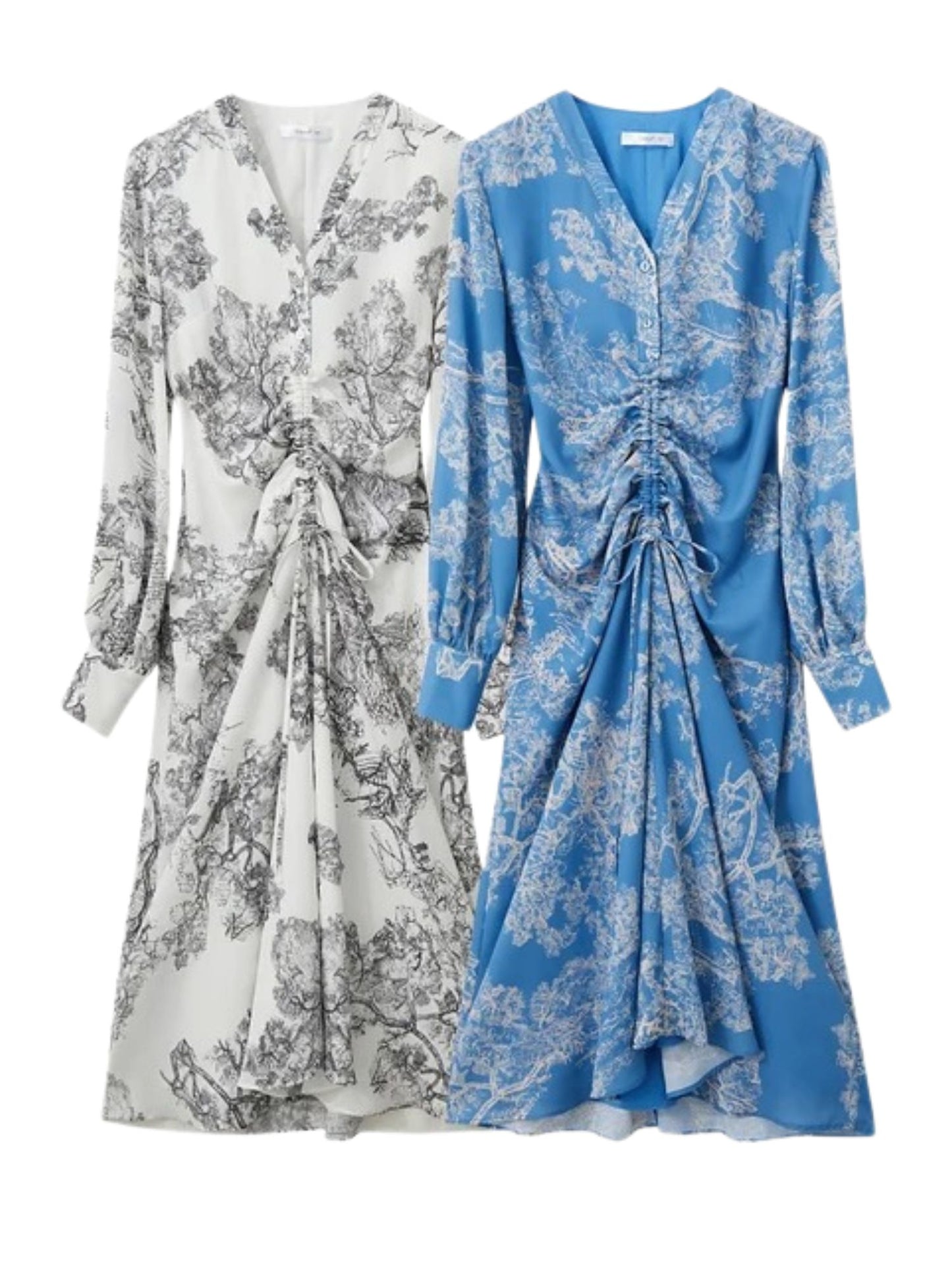 Blue and gray floral wrap dresses displayed side by side showing pattern and design variations