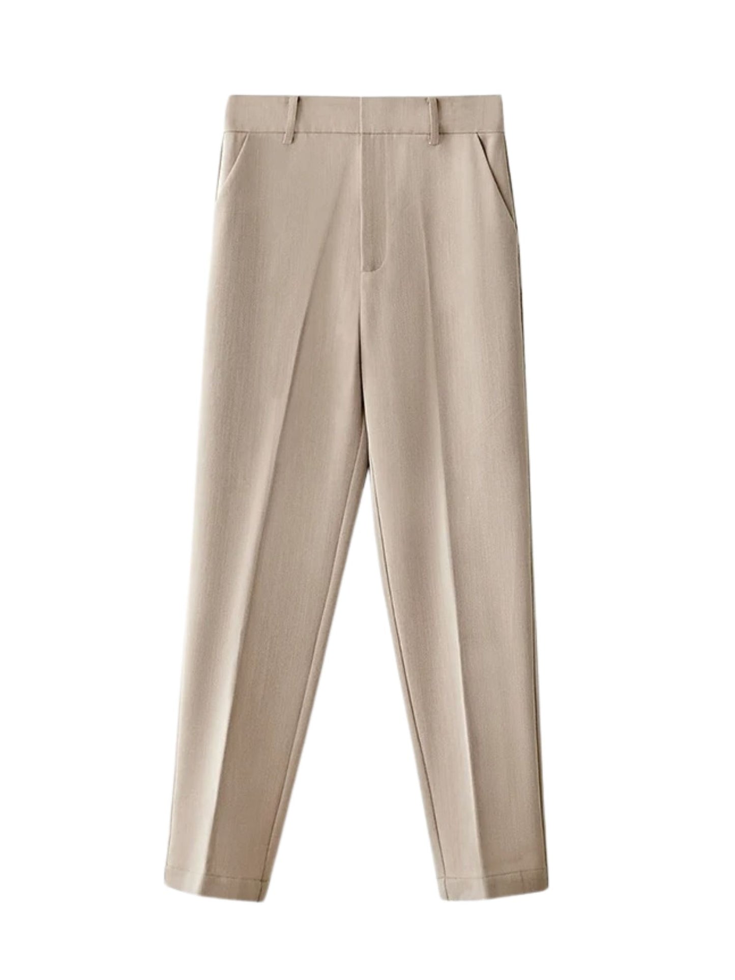 Flat lay of beige double-breasted blazer with notched collar and front flap pockets