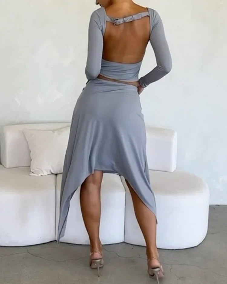 Myla | Backless Long Sleeve & Midi Skirt Set
