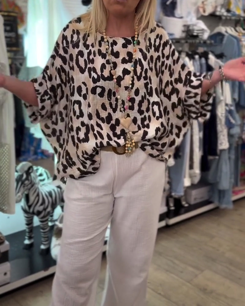 Myla | Blouse with Round Neck Leopard Pattern Loose