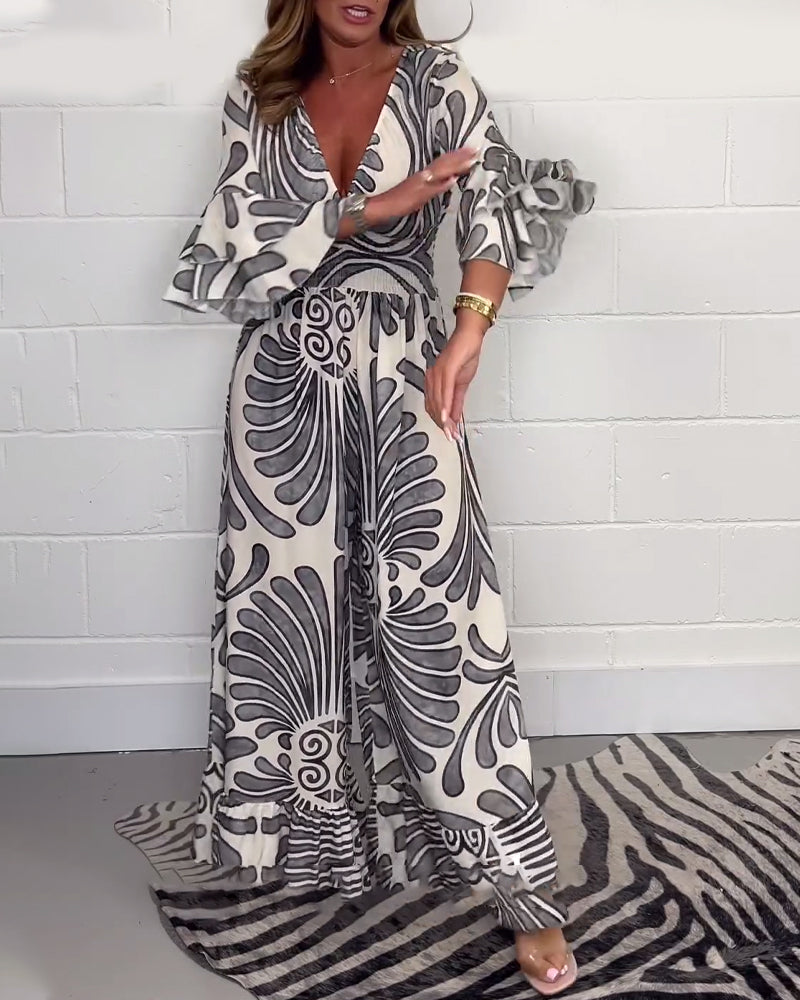Myla | Loose Jumpsuit with Deep V-Retro Print and Bell Sleeves