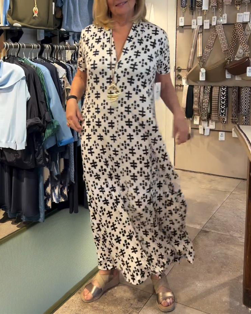 Myla | Casual Printed Long Dress with V-Neck and Short Sleeves