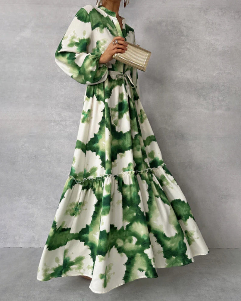 Myla | Elegant Batik Patchwork Dress with Drawstring and Balloon Sleeves