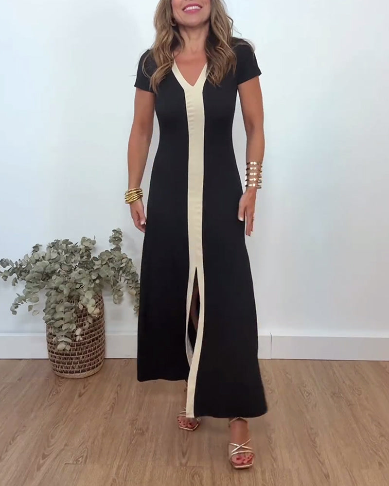 Myla | Elegant Dress with V-Neck and Slit In Contrast Print