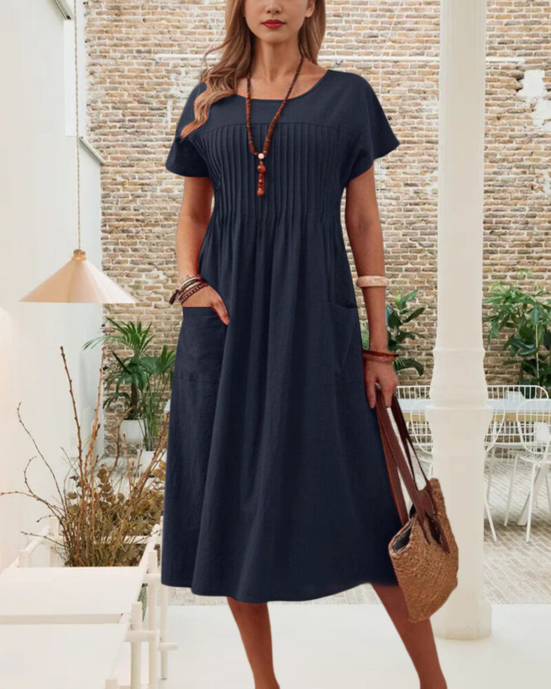 Myla | Dress Pleated Short-Sleeved Cotton and Linen