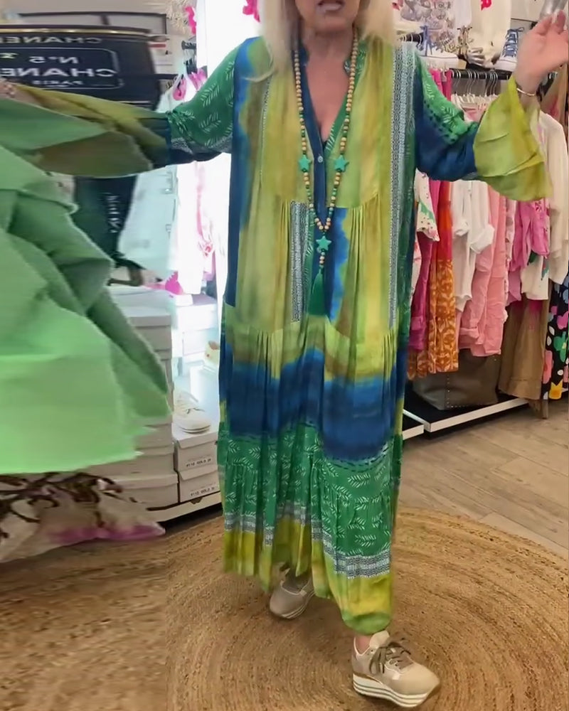 Myla | Printed, Casual, Long Dress with Flared Sleeves and V-Neck