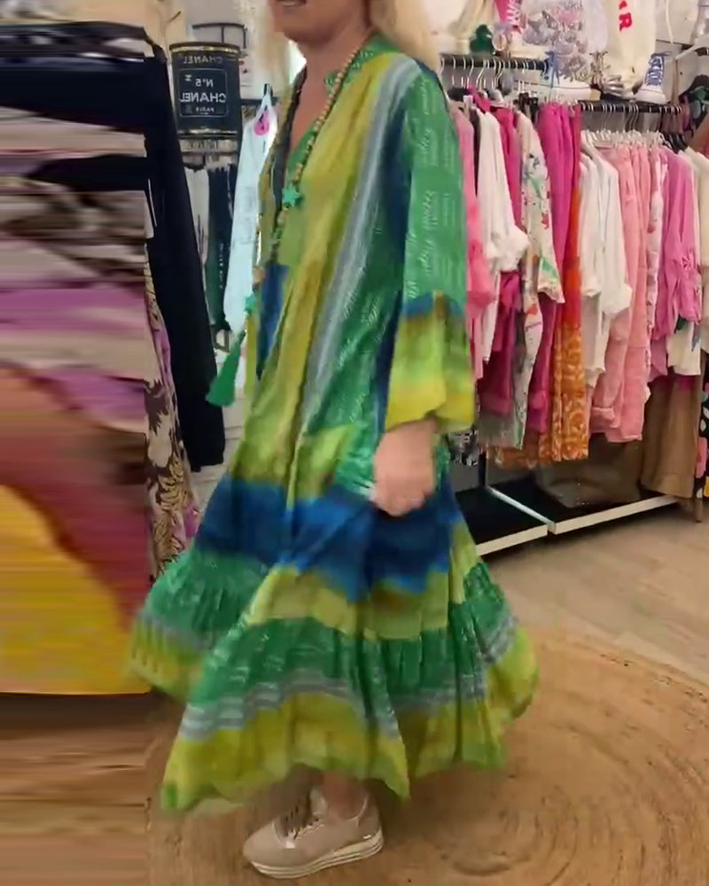 Myla | Printed, Casual, Long Dress with Flared Sleeves and V-Neck