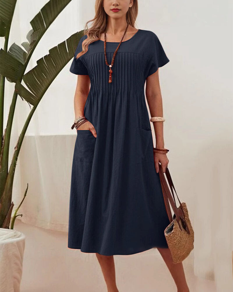 Myla | Dress Pleated Short-Sleeved Cotton and Linen