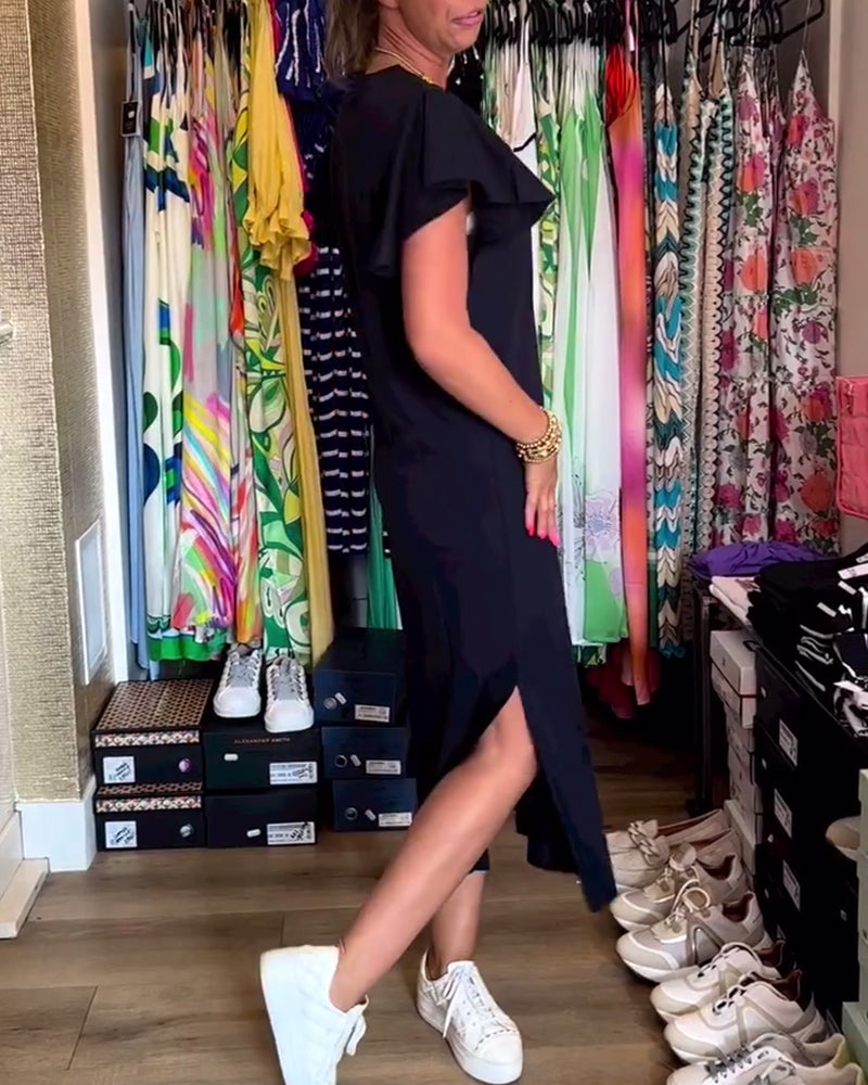 Myla | Casual Dress with Letter Print, Ruffle Sleeves and Slit
