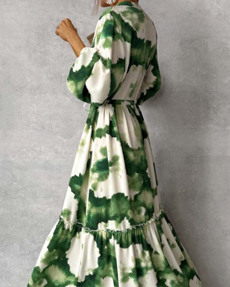 Myla | Elegant Batik Patchwork Dress with Drawstring and Balloon Sleeves