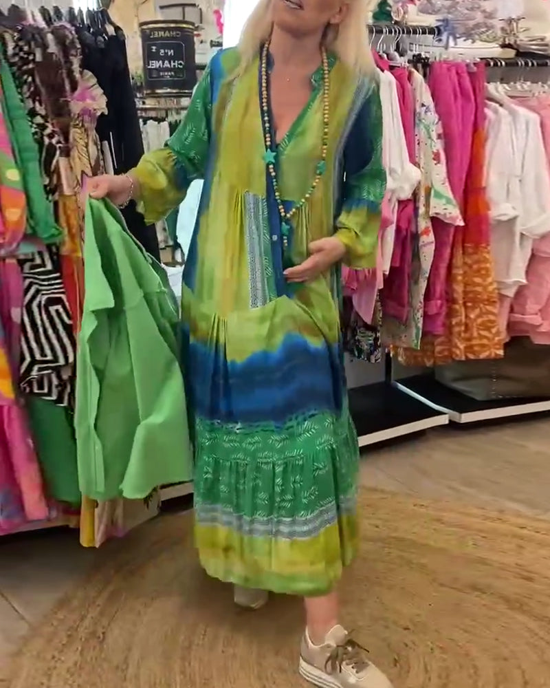 Myla | Printed, Casual, Long Dress with Flared Sleeves and V-Neck